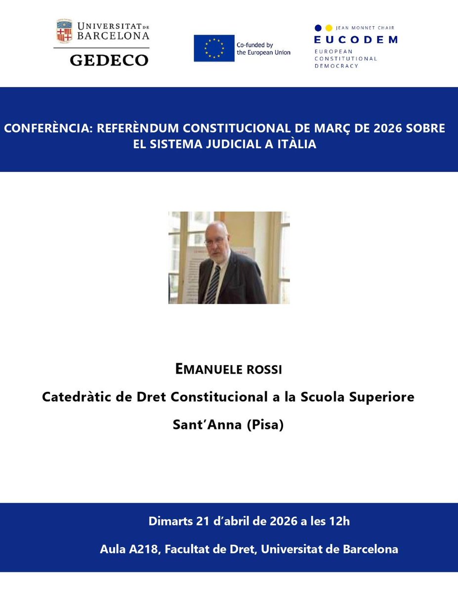 GEDECOUB's tweet photo. Hoy, el Profesor Emanuele Rossi, Catedrático de Derecho Constitucional de la Scuola Superiore Sant’Anna de Pisa (@StalsPisa) ha impartido un seminario sobre el referéndum constitucional sobre el sistema judicial en Italia. https://t.co/XD6tZtWl6v