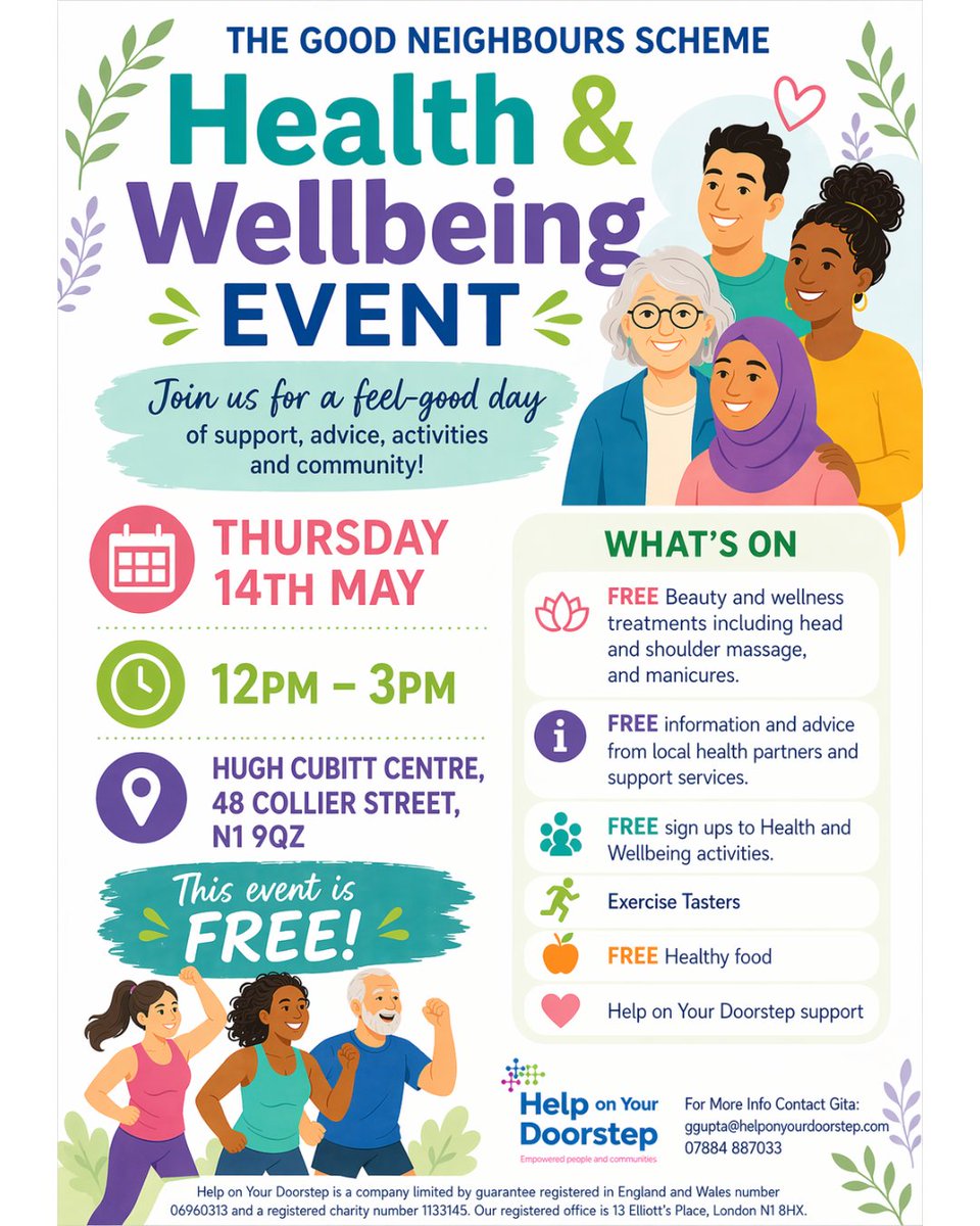 HOYD_Connect's tweet image. Free Health &amp;amp; Wellbeing event For Peabody residents and people in the surrounding Kings Cross area

12- 3pm Thursday 14th May
Hugh Cubitt Centre, 48 Collier Street N1 9QZ

contact Gita ggupta@helponyourdoorstep.com
078 8488 7033

#islington  #WellbeingEvent #exercise #kingscross