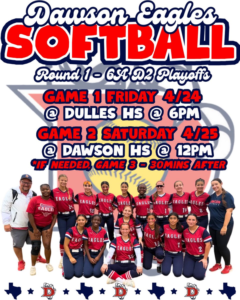dawson_eaglesSB's tweet photo. 6A D2 Playoffs - Round 1!
🆚 @DHS_Vikings 
🚌Game 1: Friday 4/24 at Dulles HS at 6pm
🏠Game 2: Saturday 4/25 at Dawson HS at 12pm
🏠Game 3*: *if needed, 30mins after Game 2
🥎🦅
#OutworkOutlastOutplay #goodbetterBEST @DawsonHighSchl @AthlPearlandisd https://t.co/t1iUZl4qGt