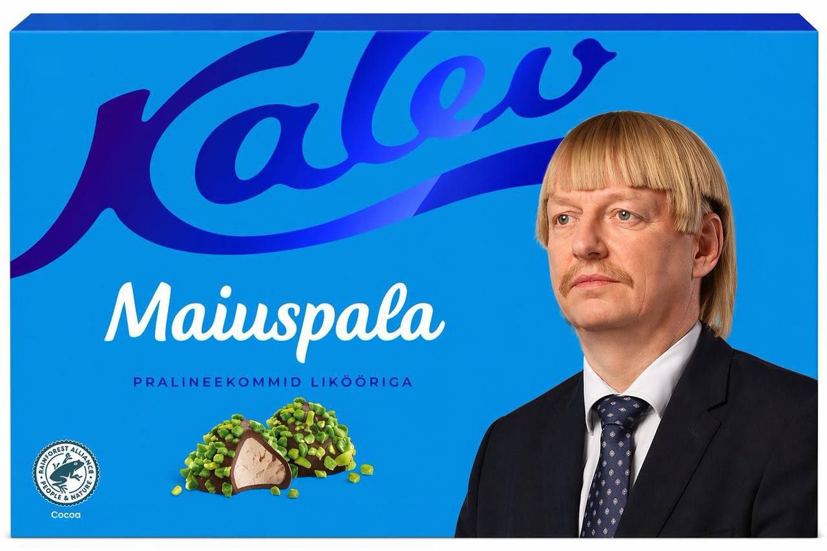 🇪🇪 An Estonian politician offered his photo for a box of candies with liqueur. 

"I was in the store and looked at the box of Estonian candies Kalev Maiuspala lying on the shelf. Good candies, they inspire! So I created a new design for the box in case the manufacturer had the