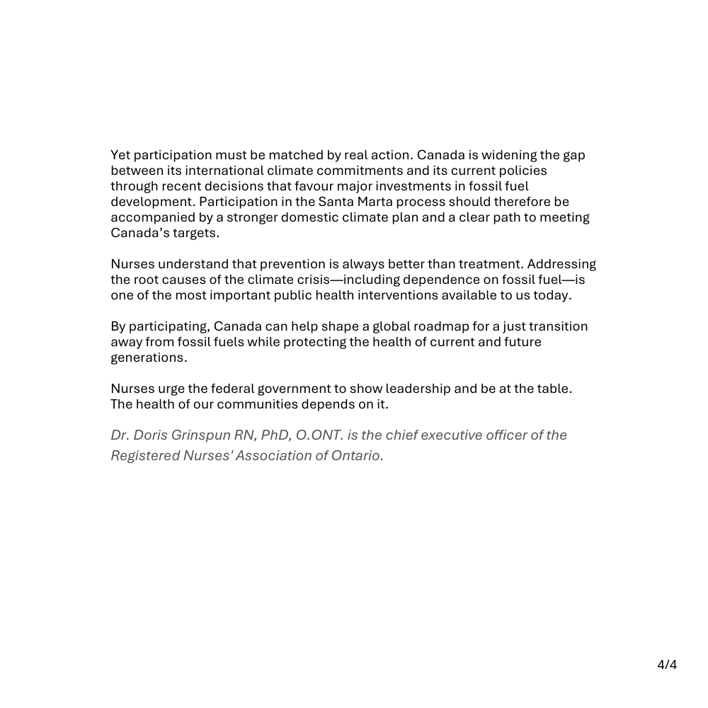 RNAO's tweet photo. In this @TheHillTimes op-ed, RNAO CEO Dr. @DorisGrinspun urges the federal government to be at the table for an international conference aimed at a just transition away from fossil fuels.

"Canada should not be absent from this search for pathways toward a more secure and healthy, low-carbon future."

Read (paywalled): https://t.co/CglqTC2CiY

#CanPoli #CanHealth #ClimateAction
