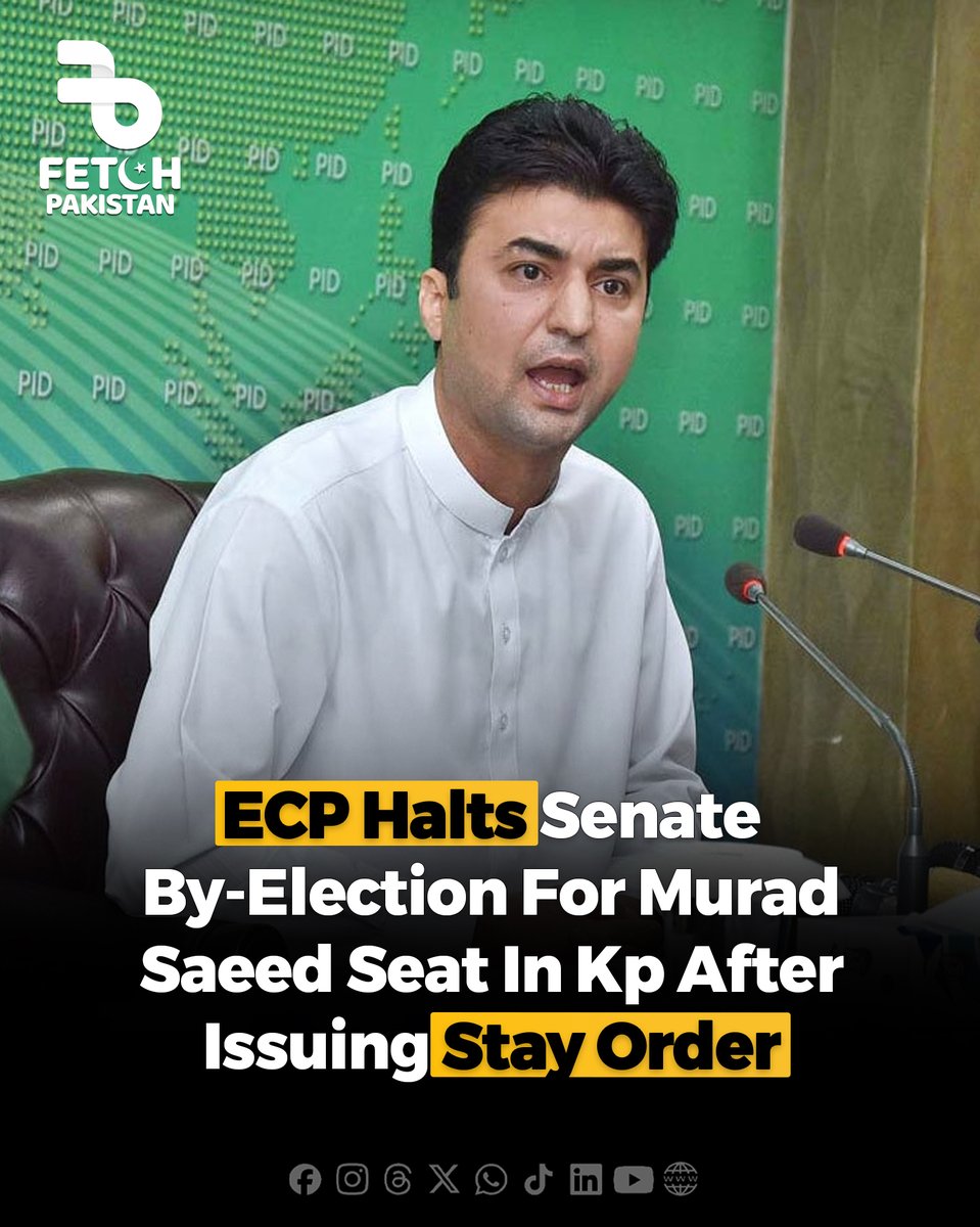 FetchPakistan's tweet image. The claim that the Election Commission of Pakistan halted a Senate by-election linked to Murad Saeed is unverified. There is no official confirmation of such a seat vacancy or suspended election process, making the report unreliable.

#fetchpakistan #ECP #PakistanPolitics
