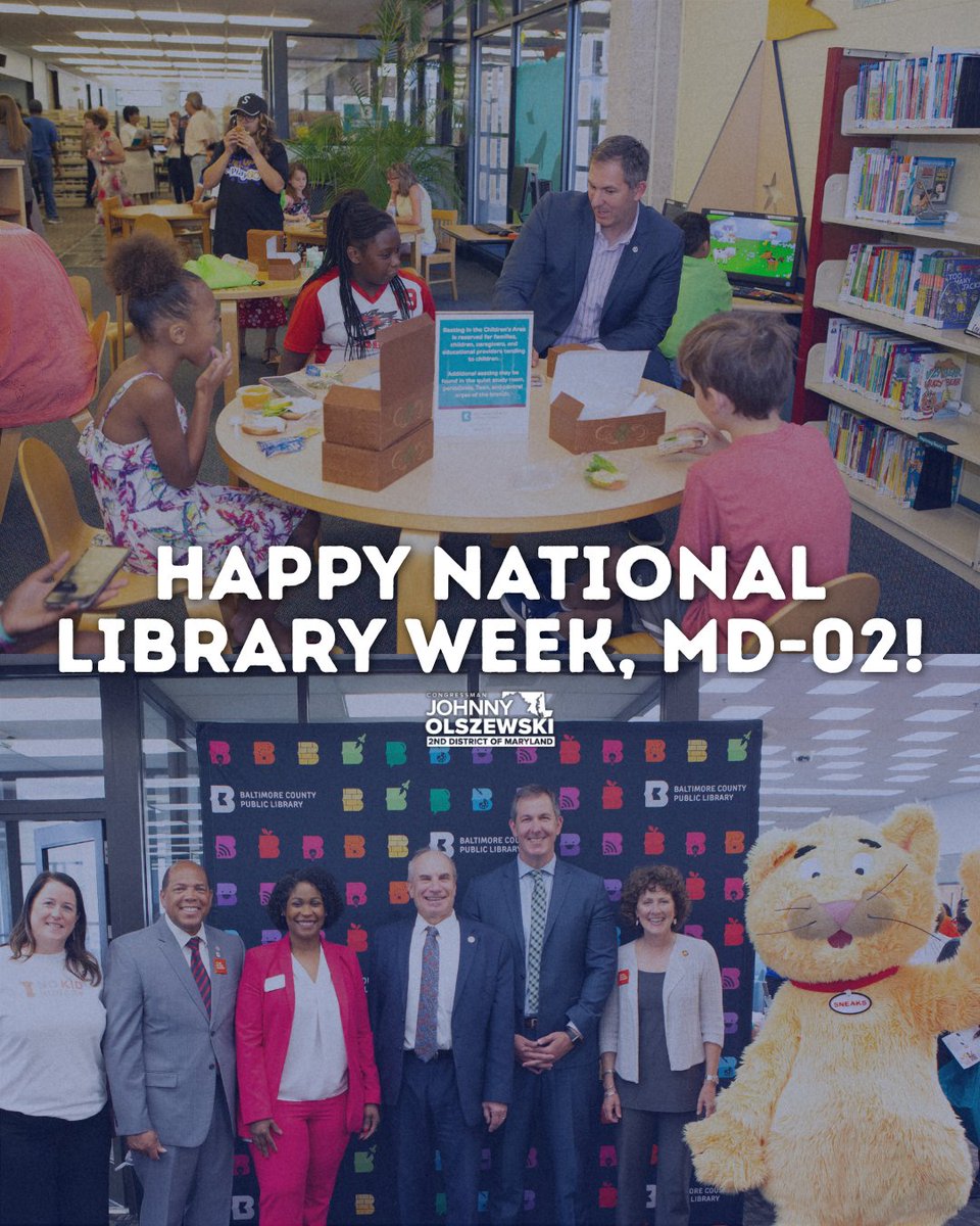 RepJohnnyO's tweet image. Happy #NationalLibraryWeek! 📚

#MD02 is home to @bcplinfo, @LibraryCCPL, and @prattlibrary—all with incredible books and resources. Be sure to stop by this week!