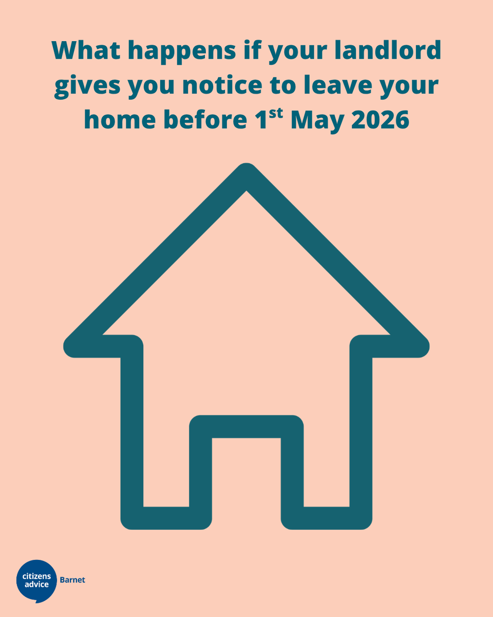 BarnetCAB's tweet photo. From 1st May, the Renters' Rights Act will give tenants new rights, but your landlord can still give you notice to leave before then. Here's some guidance on what will happen if they do: https://t.co/KR7uqJw6ay....
We're here to help: https://t.co/pOmtiQu0HN. https://t.co/ch9hE1AT1t