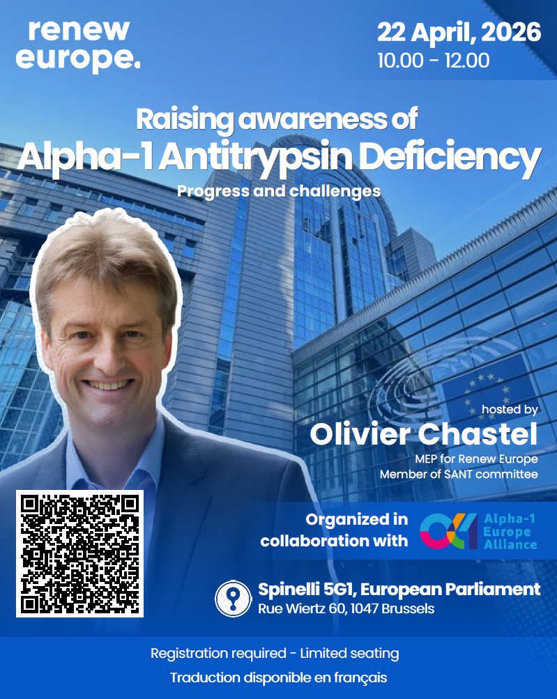 alpha1europe's tweet image. 📢 Tomorrow at European Parliament 🇪🇺 “AATD awareness: progress &amp;amp; challenges” 22 Apr 10:00–12:00 CET. Hosted by MEP Chastel &amp;amp; A1EA. In context of European Alpha-1 Awareness Day (25 Apr). Watch live: lnkd.in/eRtn5mZD Join us! #Alpha1 #AATD