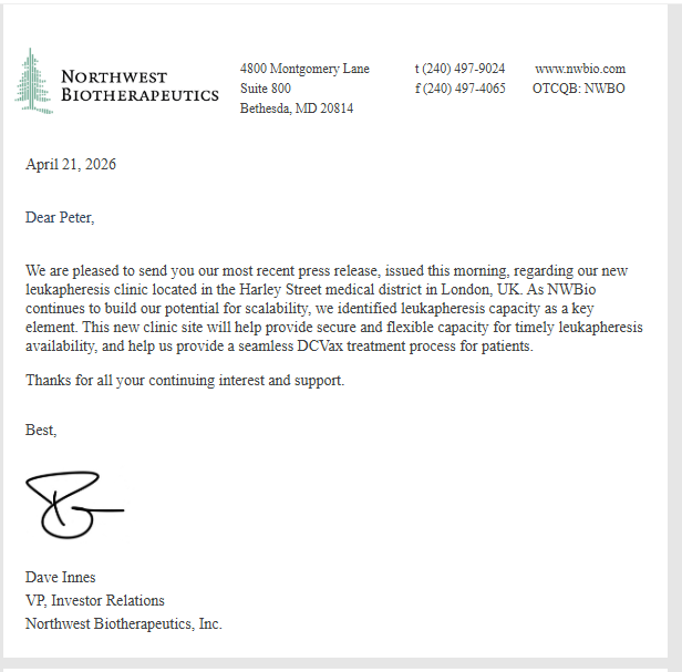 peter_brit's tweet image. #dcvax $nwbo #gbm 

Message from Dave Innes heading recent press release he provided

"We are pleased to send you our most recent press release, issued this morning, regarding our new leukapheresis clinic located in the Harley Street medical district in London, UK. As NWBio