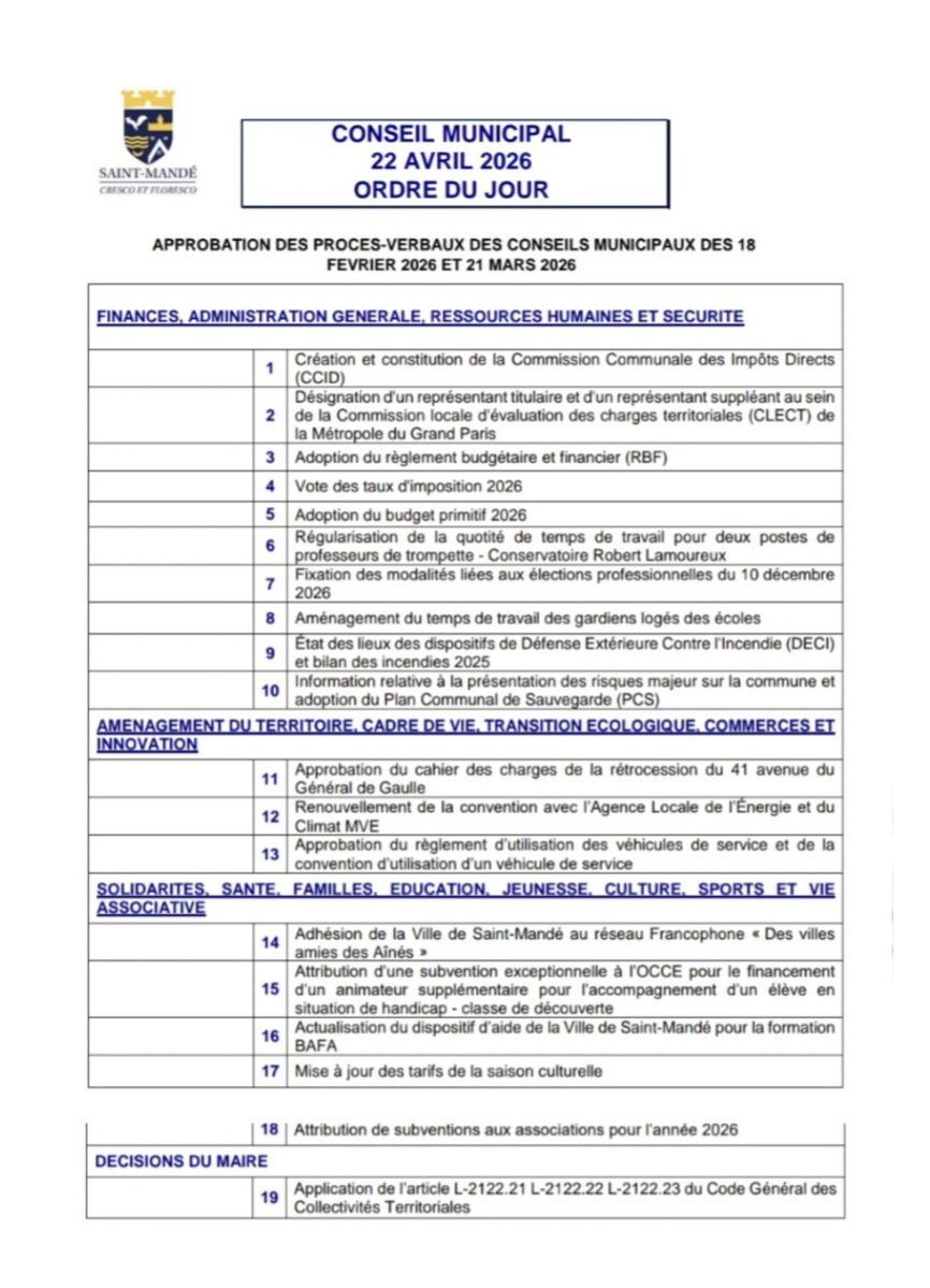 Voici pour votre parfaite information l'ordre du jour du prochain conseil municipal de Saint-Mandé du 22/04/2026.

N'hésitez pas à me contacter si certains sujets vous intéressent.

Parlons-en !

#Transparence #saintmande #ConseilMunicipal