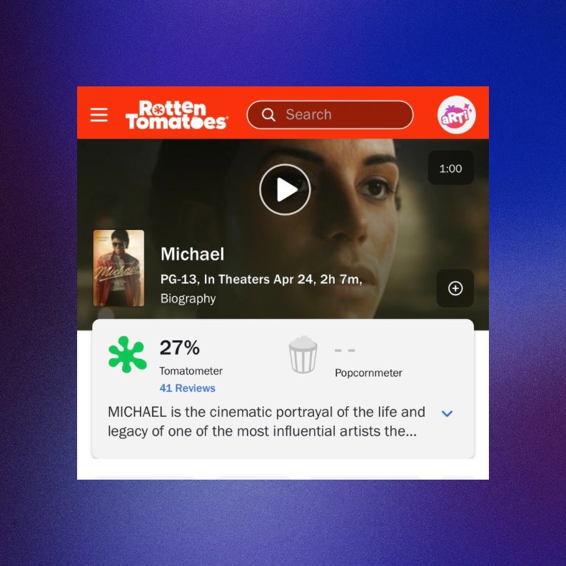 Xpert_things's tweet image. ‘#MICHAEL’ debuts with 27% on #Rotten Tomatoes based on 41 #reviews.
#Hollywood #movie