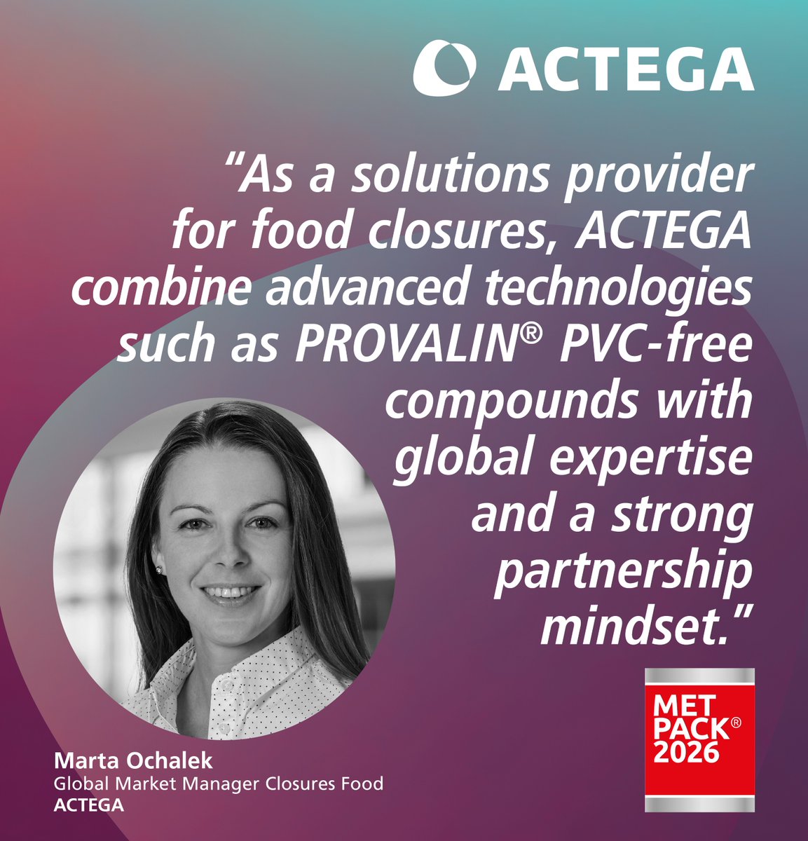 ACTEGA_global's tweet photo. From May 5–8, #METPACK 2026 will take place in Essen, Germany. A particular highlight for food and beverage closures is our patented #PROVALIN® compound portfolio for metal vacuum closures, the industry's only proven PVC- and plasticizer-free solution: https://t.co/1j8k15aCWB https://t.co/uSS3gBNrwq