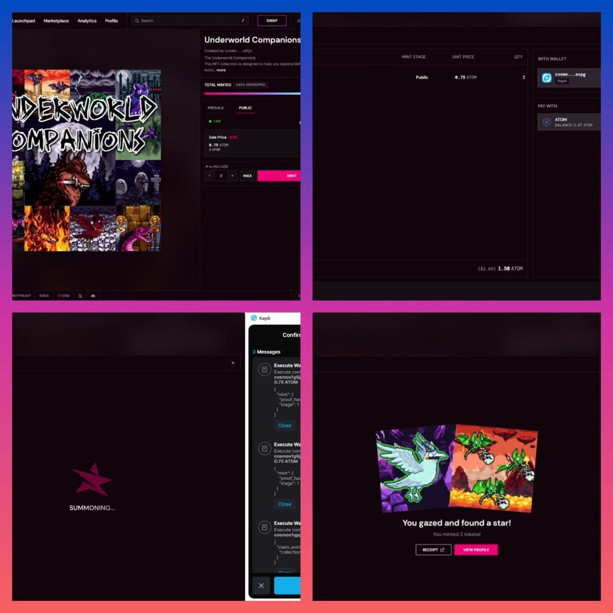 JohnnyBahamas3's tweet image. Minted 2 Underworld Companions on @StargazeZone! Seamless UX: from launchpad selection to Keplr signature. Instant 'Mint Successful' confirmation. Love the transparent analytics &amp;amp; dynamic pricing flow. Ready to explore DeFi utility! 🔬🧪

@MadScientists_X #Stargaze #Cosmos #NFT