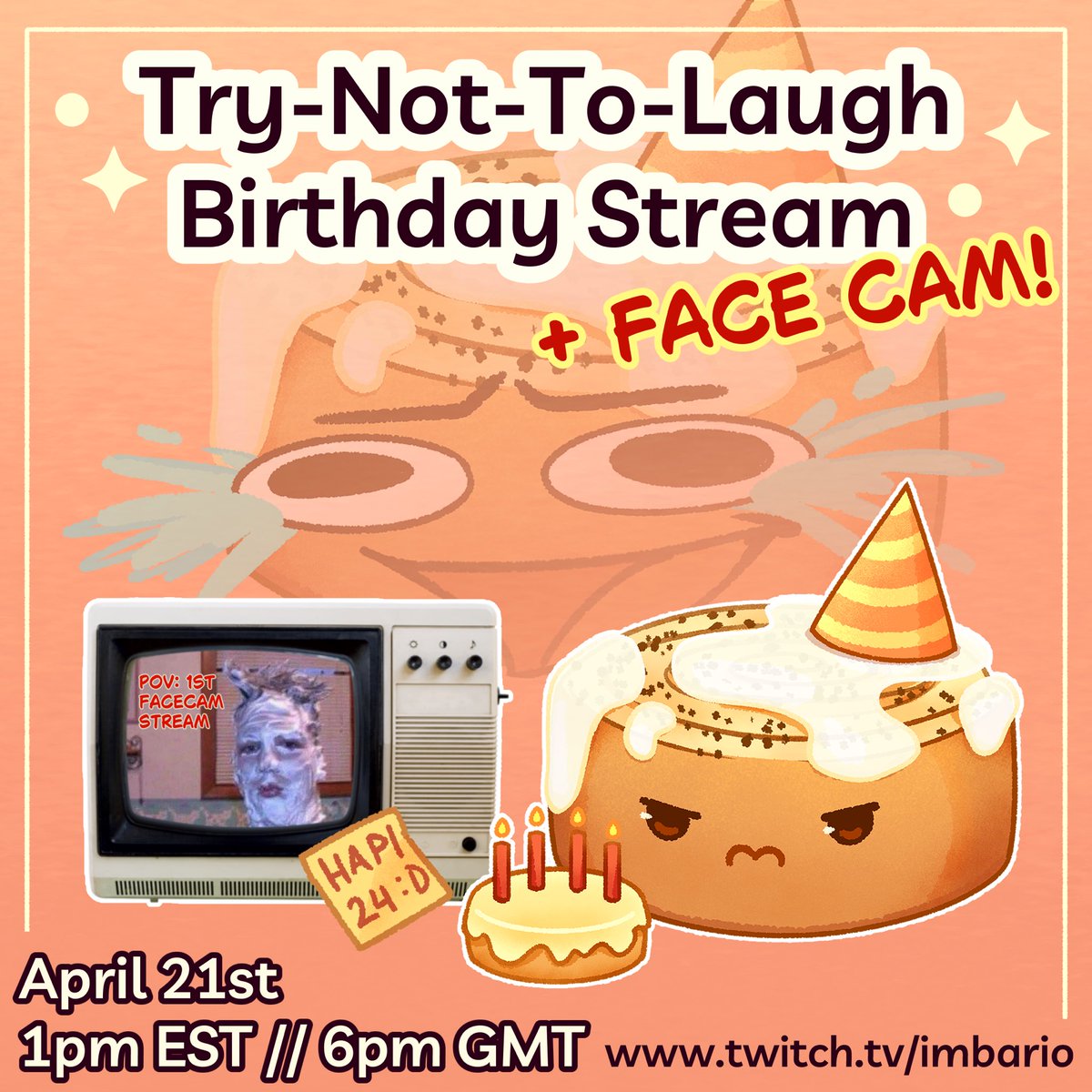 Imbarion's tweet photo. Hello Internet! My birthday is tomorrow and I’m doing my first ever facecam stream! Think you can make me laugh? Come by April 21st at 1 PM EST over at https://t.co/cH6FERwcAp to find out! #Twitch #VTuber #Streamer https://t.co/mcbCbg5rIk
