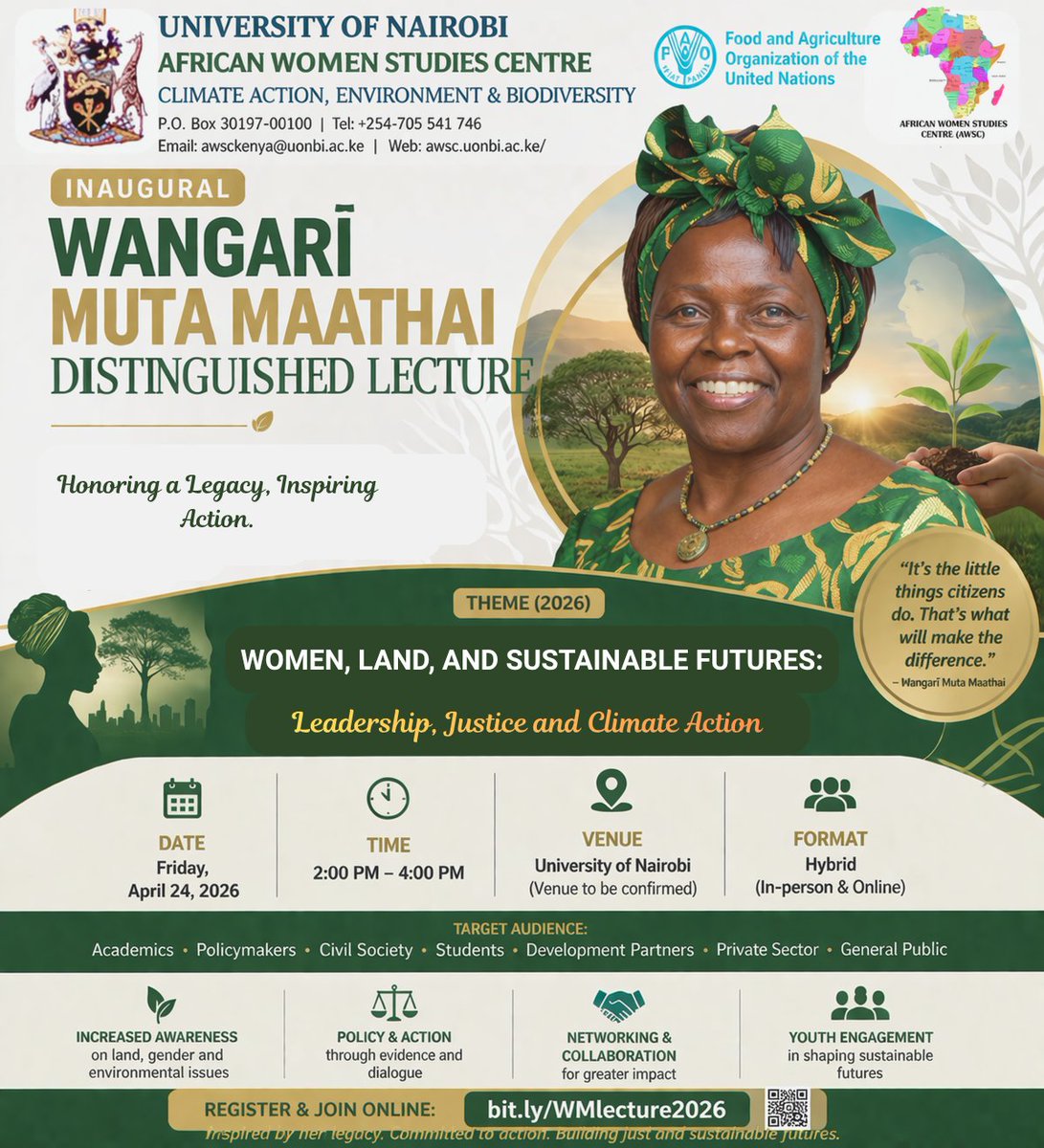 awscwil's tweet photo. AWSC Climate Action, Environment and Biodiversity Programme in collaboration with the Faculty of Law, @uonbi invites you to the Wangarĩ Maathai Lecture themed Fostering Thought Leadership and Evidence-Led Research for Sustainable Land Governance in Kenya: Women and Land Rights https://t.co/dNSL2PcU2F