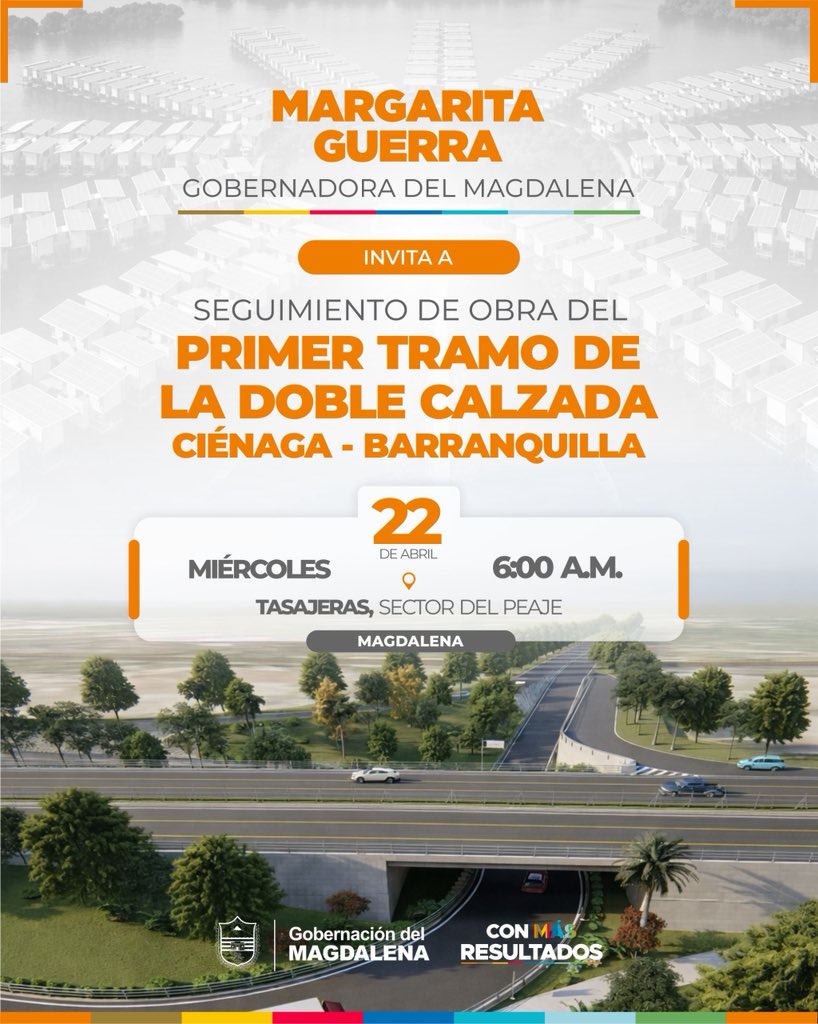La doble calzada Ciénaga - Barranquilla, ya arrancó. Un proyecto estratégico para el país que contempla obras de infraestructura, pavimentación y compensación social. 600  viviendas palafitas para 600 familias de Puebloviejo.

La gobernadora, Margarita Guerra,...