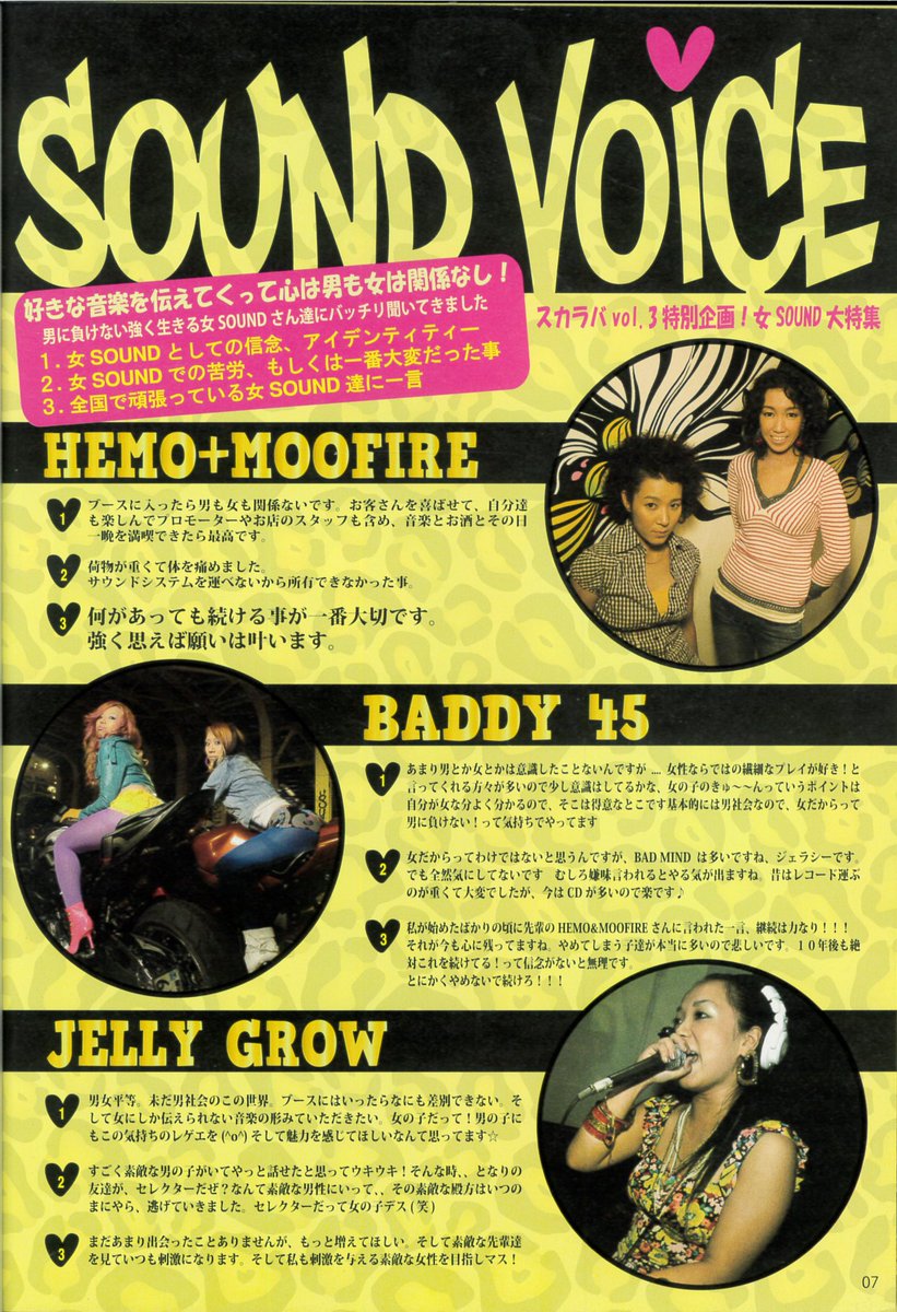 この前HEMOさんがTV出たんで引っ張り出してみました。

『BADDY 45』はジャマイカのBADGYAL MARIEさんがやってたサウンドなのですが、あの方ももう30年近くDJやってるし（その間にサウンドクラッシュの世界チャンピオンにもなって）、有言実行で凄いなと思った。

“継続は力なり”。