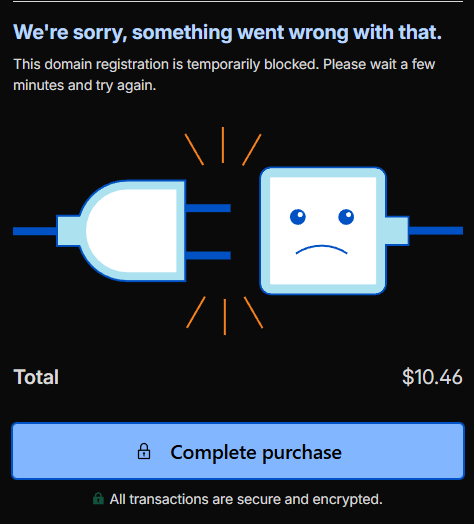 psyirius's tweet photo. WTH @Cloudflare ?

Your Registrar's Registration is unpredictable.
I Bought a domain last week trying multiple times and finally bought it on the 3rd day.

And today when I tried to onboard a client, here it is.
This is embarrassing for me to suggest you guys to them! https://t.co/kM75TiIMfJ