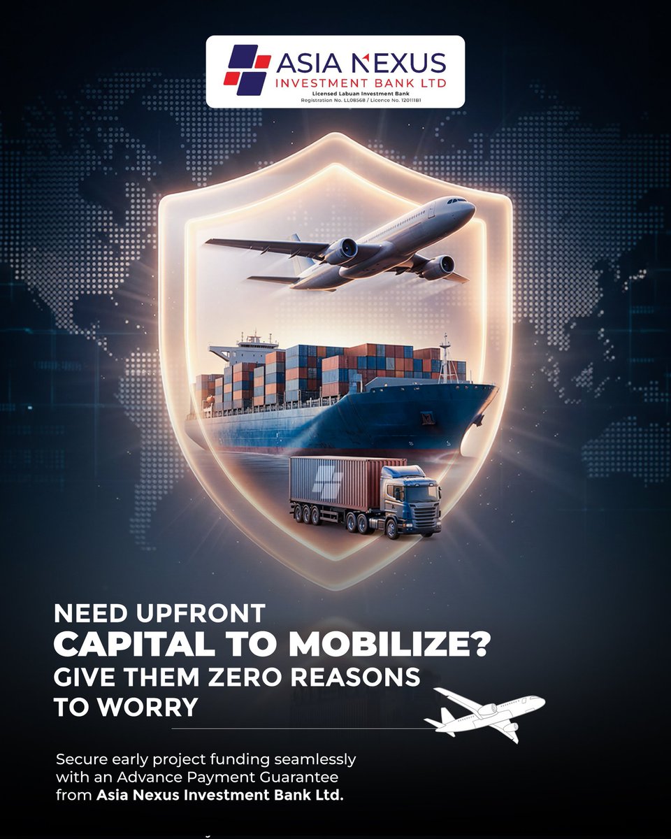 AsiaNexusBank's tweet photo. Mobilizing a major project requires trust and capital. Eliminate the "what-ifs" for your partners with an Advance Payment Guarantee. Secure your upfront funding seamlessly and prove that your project is backed by ironclad financial security.

#ANIB #TradeSolutions #GlobalTrade https://t.co/oy3HVjku53