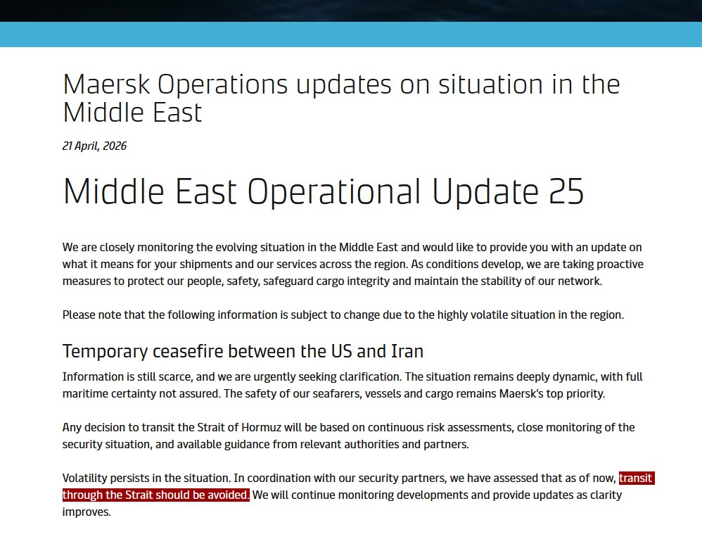 JUST IN - Major shipping company Maersk says "transit through the Strait should be avoided."