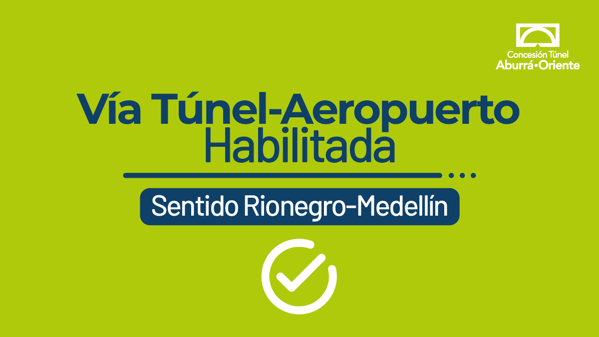 ConcesionTAO's tweet image. (09:19) 🟢 #AEstaHora se encuentra habilitada la via Túnel Aeropuerto, en sentido Rionegro - Medellín, Km 0, sector glorieta Sajonia

💡 Te invitamos a estar atento a la actualización de estado de la vía.

@GobAntioquia @ObrasAntioquia #TúnelDeOrienteHoy