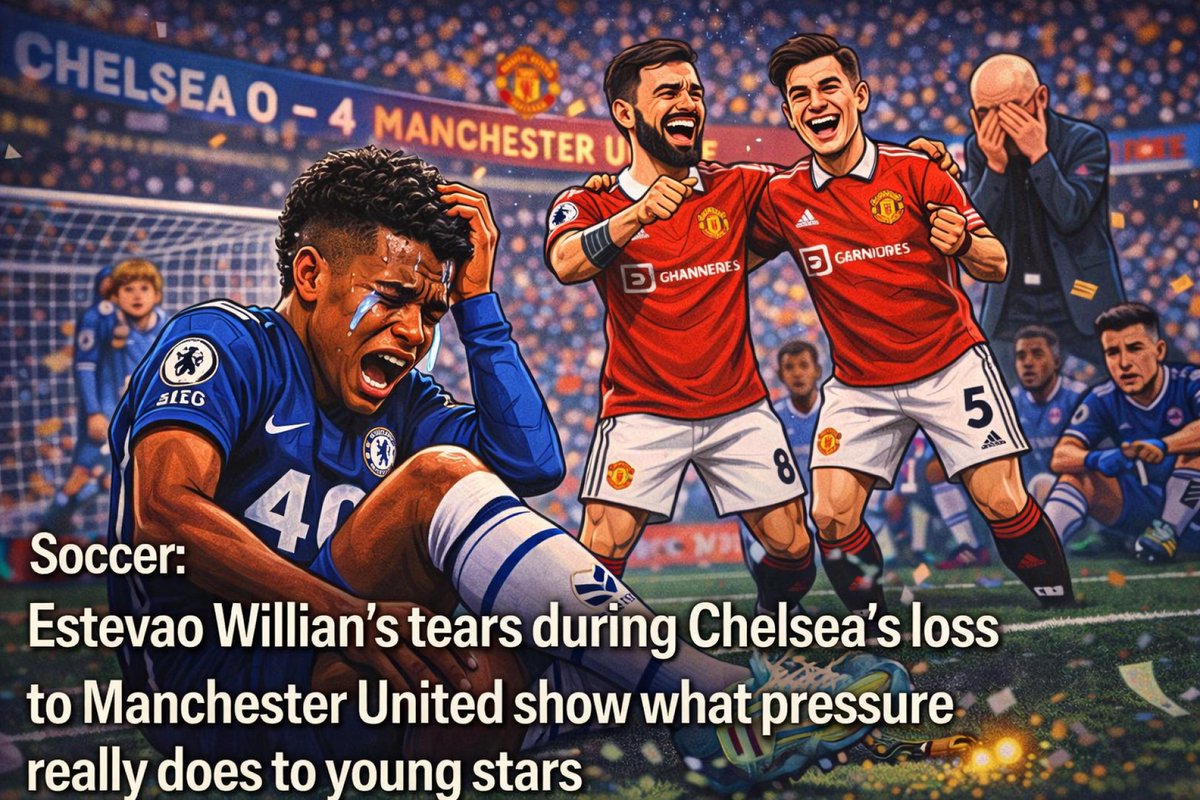SportWorldNews3's tweet image. Soccer: Estevao Willian’s tears during Chelsea’s loss to Manchester United show what pressure really does to young stars.
It wasn’t just an injury.  It was the moment the system around him broke.
sportworldnews.org/soccer/news/28…
#Soccer #manchesterunited #championsleague #chelsea