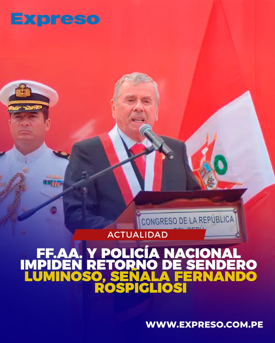ExpresoPeru's tweet photo. 🔵⚪ El presidente del Congreso, Fernando Rospigliosi, afirmó que las Fuerzas Armadas del Perú y la Policía Nacional del Perú no permitirán que ideologías obsoletas intenten nuevamente imponerse en el país, incluso mediante candidaturas radicales.

📸 Foto: Difusión

📲 Lee la nota completa aquí:  https://t.co/BV0jjmfYSl