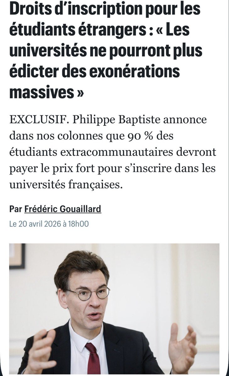 📣Le ministre Philippe Baptiste vient de confirmer la fin des exonérations de frais d'inscription pour les étudiants hors Union européenne.

💶Ces exonérations représente un manque à gagner de 334 millions d'euros par an.

🔴Depuis des années l'UNI est la seule organisation à