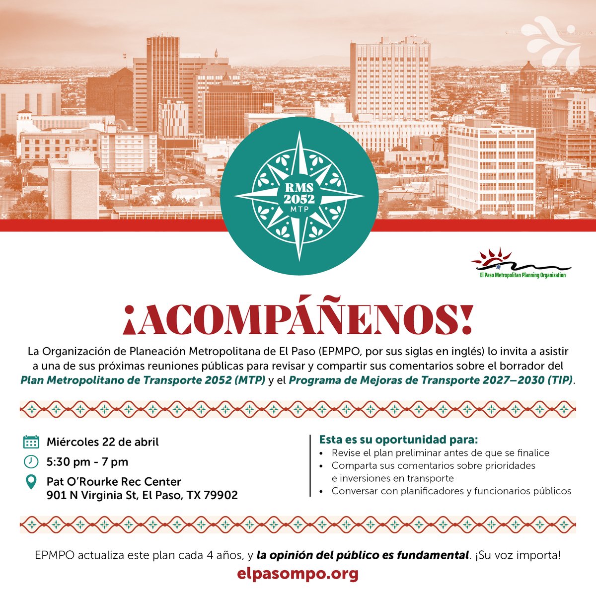 elpmpo's tweet photo. 📣 ¡Su opinión importa! Acompañe a El Paso MPO el miércoles 22 de abril para revisar el borrador del Plan Metropolitano de Transporte 2052 y el TIP 2027–2030, hacer preguntas y compartir sus comentarios.
🕠 5:30–7:00 PM
📍 Pat O’Rourke Recreation Center, 901 N. Virginia St. https://t.co/CIbIQzvFTp