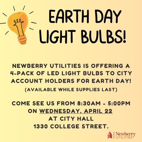 NbyUtilities's tweet photo. Newberry Utilities is offering a 4-pack of LED light bulbs to city account holders for Earth Day (available while supplies last)! 

Come see us from 8:30AM-5:00PM tomorrow, April 22 at City Hall! 

1330 College Street https://t.co/iE8vqG0VvP