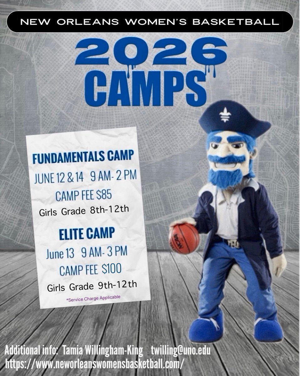 PrivateersWBB's tweet photo. THE COUNTDOWN BEGINS! ⏰

The 2026 Elite &amp; Fundamental Camps are almost here!

📍UNO Lakefront Arena

Secure your spot — link in bio!

#NOLAsTeam ⚔️   #HoldTheCount ⚔️ https://t.co/P18zCYFNRA