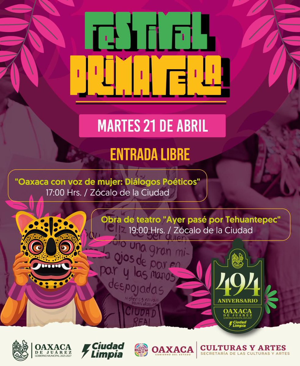 📚 La primavera florece en Oaxaca con arte y palabra. Disfruta de los Diálogos Poéticos y una puesta en escena que llenará de magia el Zócalo. ✨

📍Entrada gratuita. Ven y déjate envolver por la cultura en el corazón de la ciudad. 🏢

<a href="/raychagoya/">Ray Chagoya</a> <a href="/MunicipioOaxaca/">Municipio de Oaxaca de Juárez</a>