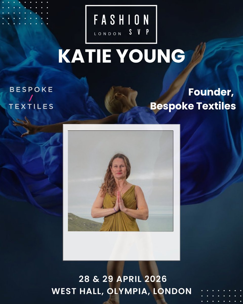 FashionSVP's tweet photo. Katie Young, Founder of Bespoke Textiles, is an award winning fashion and textile designer, conscious sourcing expert and author of The Textile Touch. All seminar sessions are included in your FREE to attend entry badge at FASHION SVP 2026, 28-29 April, West Hall, Olympia London https://t.co/VsOaSy9Zj7