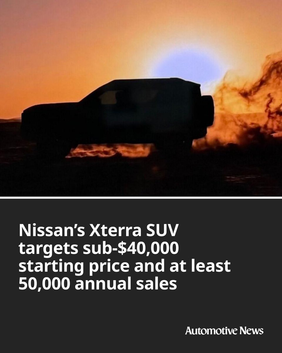 Automotive_News's tweet image. Nissan is betting on body-on-frame construction, affordability and emotional appeal to reclaim lost ground in the off-road SUV segment. 

#Nissan #NissanXTerra #automotive #autoindustry