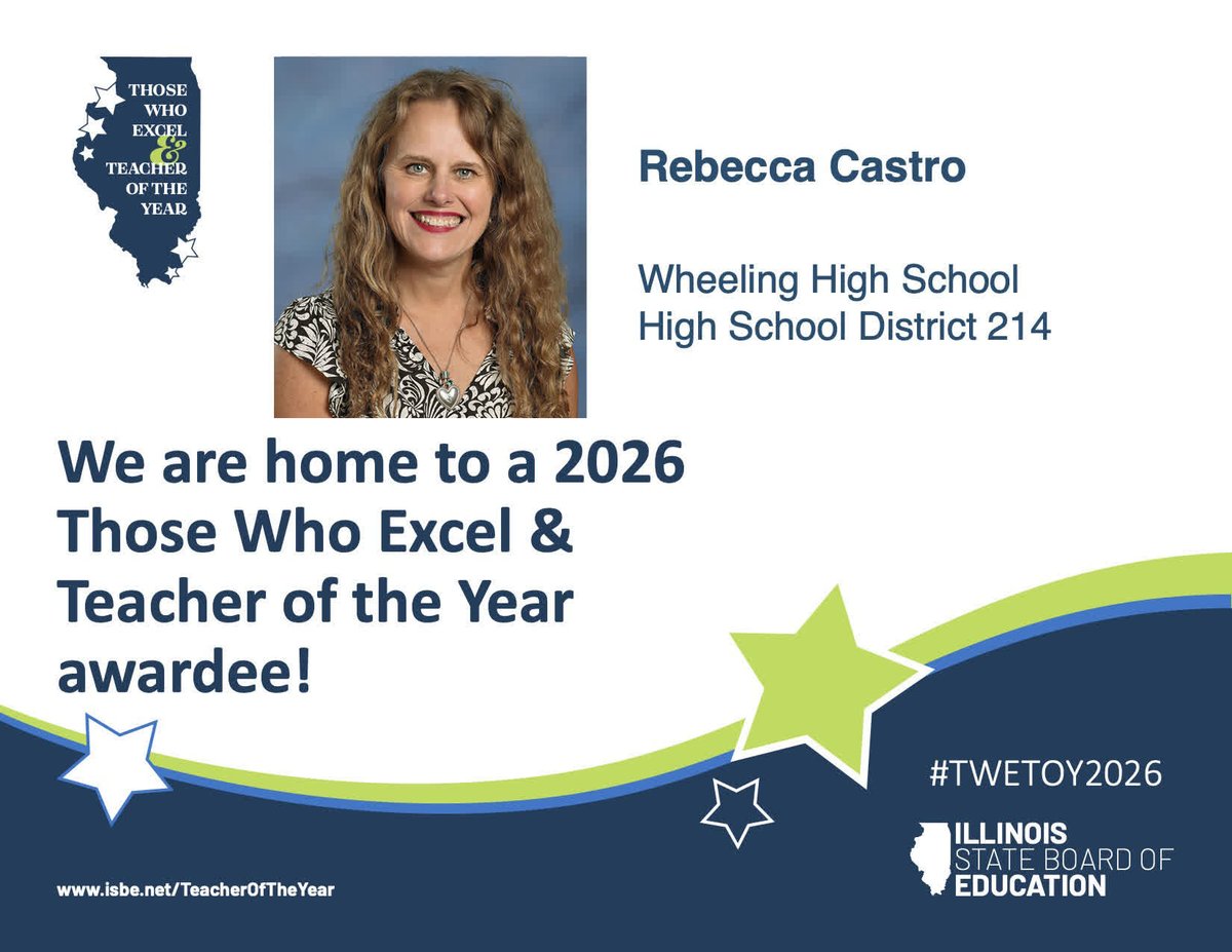 District214's tweet photo. Congratulations to Wheeling High School's John Byrne and Rebecca Castro on earning the 2026 Illinois Those Who Excel Awards. We are proud to celebrate their outstanding work and the impact they make for District 214 students every day. https://t.co/DVCLIk06Jm