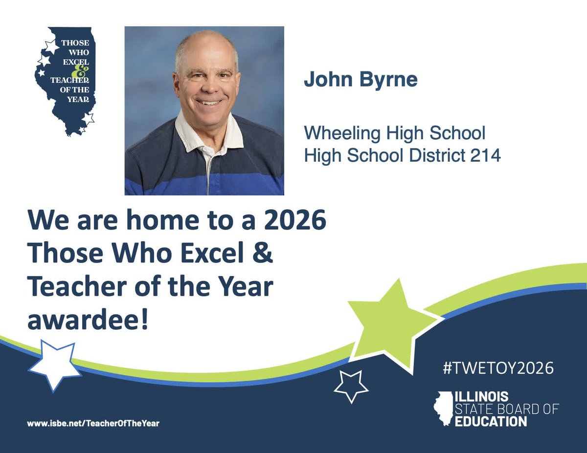 District214's tweet photo. Congratulations to Wheeling High School's John Byrne and Rebecca Castro on earning the 2026 Illinois Those Who Excel Awards. We are proud to celebrate their outstanding work and the impact they make for District 214 students every day. https://t.co/DVCLIk06Jm