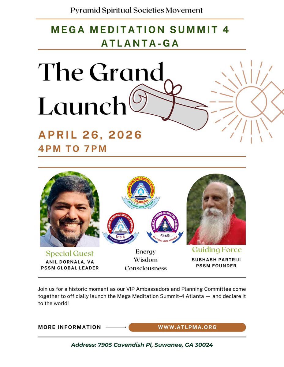 atlpma's tweet photo. A historic moment for global consciousness is arriving in Atlanta. 🧘‍♂️ Join us April 26th for the Grand Launch of Mega Meditation Summit 4.
✨ Energy. Wisdom. Consciousness
📍 Suwanee, GA
🕓 4 PM – 7 PM
🔗 Details: https://t.co/gqOvWewB25
#MegaMeditationSummit #AtlantaEvents #PSSM https://t.co/0MNr8XSomG