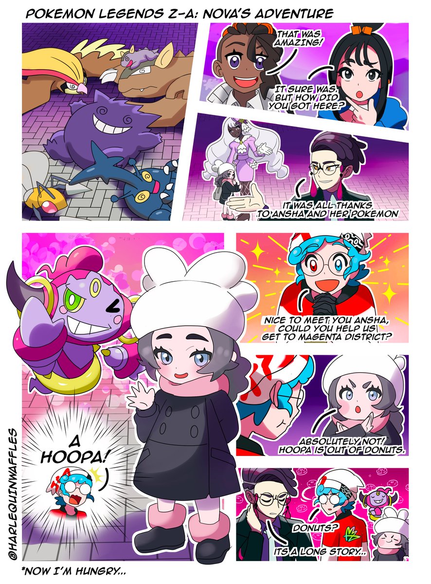 DONUTS (p.34) 
Ansha and Hoopa saved the day, but don't expect a free ride to the Magenta District. No donuts, no service! 🍩🚫

Wait... donuts? 🤨
#PokemonLegendsZA #Pokemon