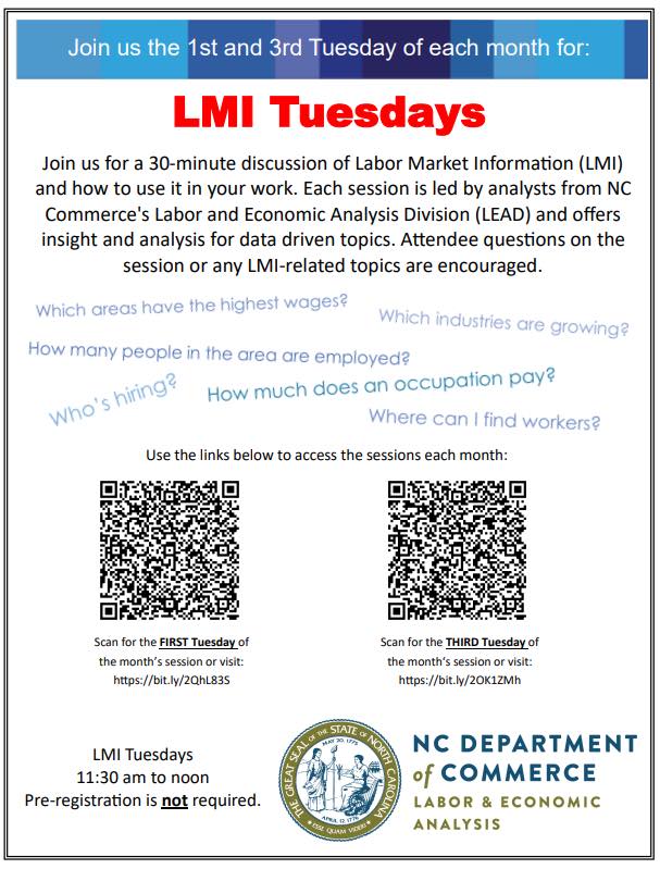 NCCommerce's tweet image. Tune into today's LMI Tuesday session! #LEADNC analysts will lead a 30-minute discussion on current labor market information (LMI) and what the latest data means for you. 

Join the LMI Tuesday session: commerce.nc.gov/data-tools-rep…
#data #analytics #LMITuesdays #TechTuesday @LeadNC