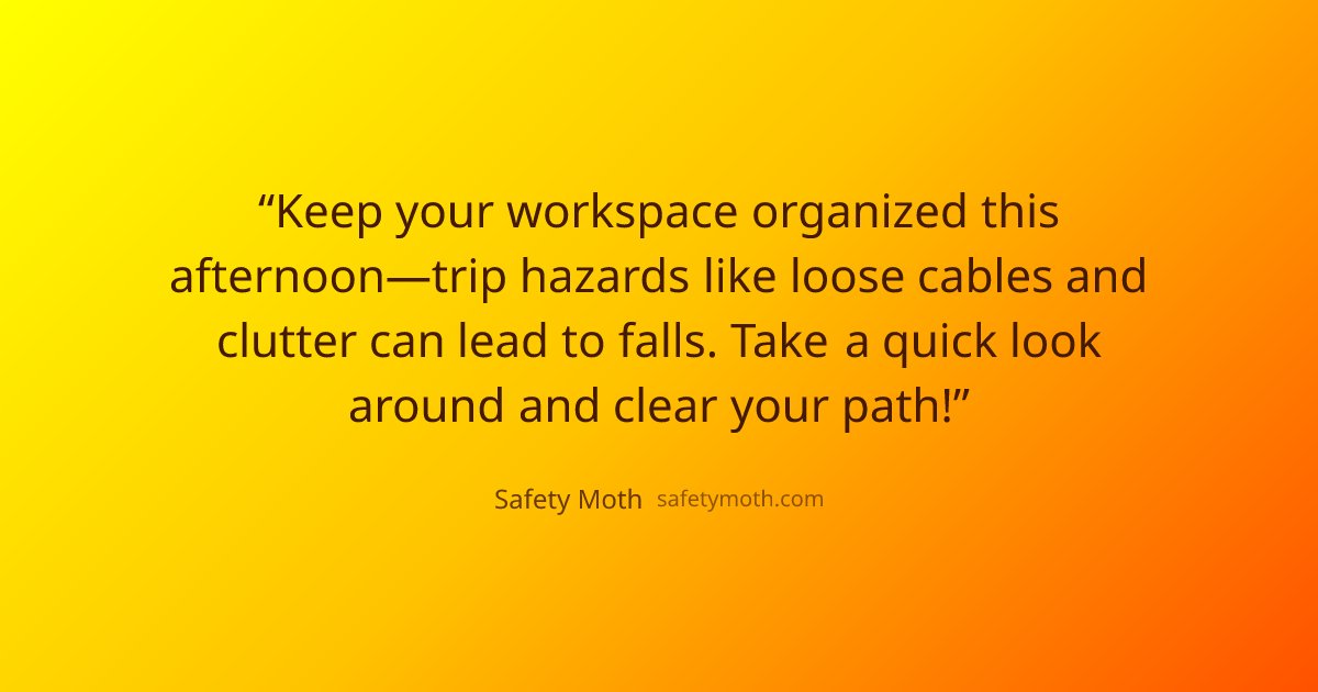 safetymoth's tweet image. Keep your workspace organized this afternoon—trip hazards like loose cables and clutter can lead to falls. Take a quick look around and clear your path!

Stay safe out there! 🦋

#WorkplaceSafety #HomeSafety