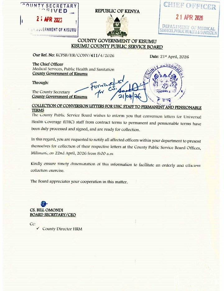 Congratulations UHC staff under UHC program in Kisumu County.

Go and collect your PnP letters.

Kisumu county leading by example.

Cc: <a href="/HonAdenDuale/">Hon. Aden Duale, EGH</a>, <a href="/fnoluga/">Dr. Ouma Oluga, OGW</a>, <a href="/psmuthoni/">Mary Muthoni Muriuki, CBS, HSC</a>, <a href="/WilliamsRuto/">William Samoei Ruto, PhD</a>