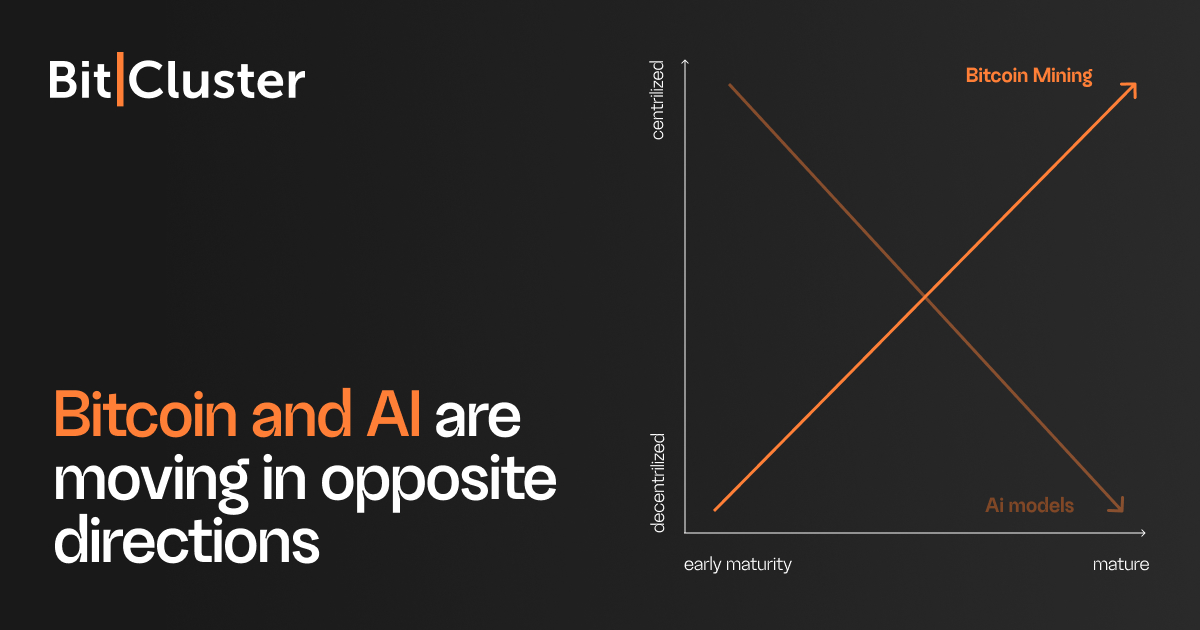 bit_cluster's tweet photo. Head of Galaxy Research Alex Thorn believes that Bitcoin and AI are moving in opposite directions. Bitcoin mining is evolving from an enthusiasts’ hobby into a capital‑intensive infrastructure business controlled by large players with access to cheap energy and extensive ASIC fleets

AI, by contrast, is shifting from the monopoly of hyperscalers toward a more distributed model: local and open‑source solutions, edge inference on users’ devices, and a growing role for independent developers. In essence, we are seeing a divergence of two narratives: Bitcoin is becoming a bet on industrial scale and regulatory regimes, while AI is becoming a bet on the diffusion of compute resources and software stacks “at the edge.” The question is where exactly along this fork you are currently allocating your capital