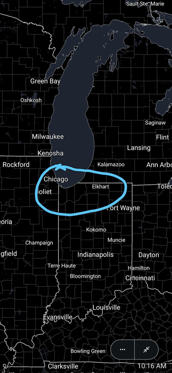 I believe theres a marginal chance of severe thunderstorms in the circled area of Illinois, Indiana, and Michigan today.

Isolated severe wind gusts would be the main threat.