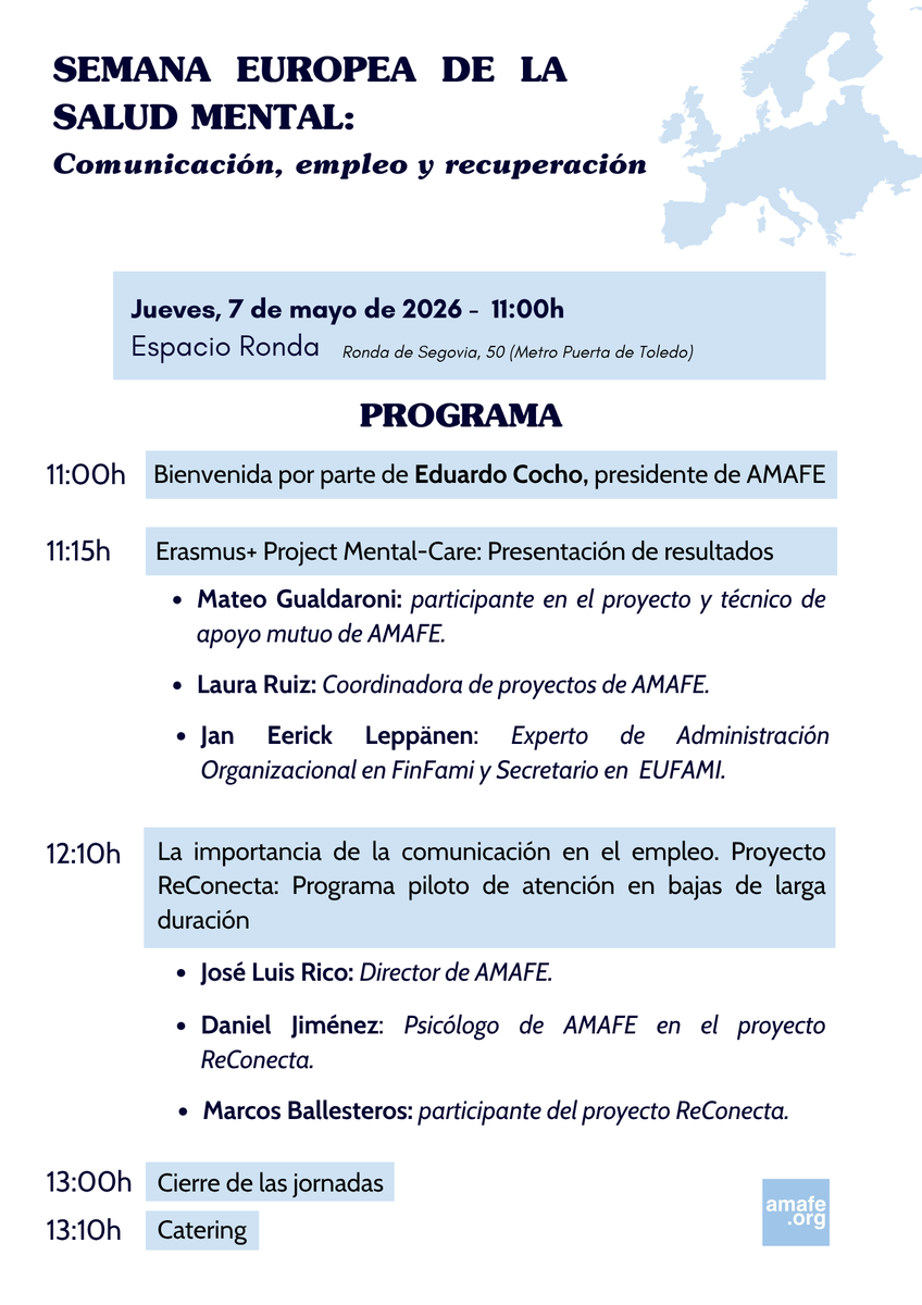 Amafesemueve's tweet photo. 📆 ¡Apunta esta fecha!

El próximo 7 de mayo desde AMAFE organizamos un evento con motivo de la Semana Europea de la Salud Mental

Vamos a presentar los resultados del proyecto europeo Mental Care Erasmus+, sobre la comunicación entre personas usuarias, familiares y profesionales https://t.co/9SzNM5EJcO