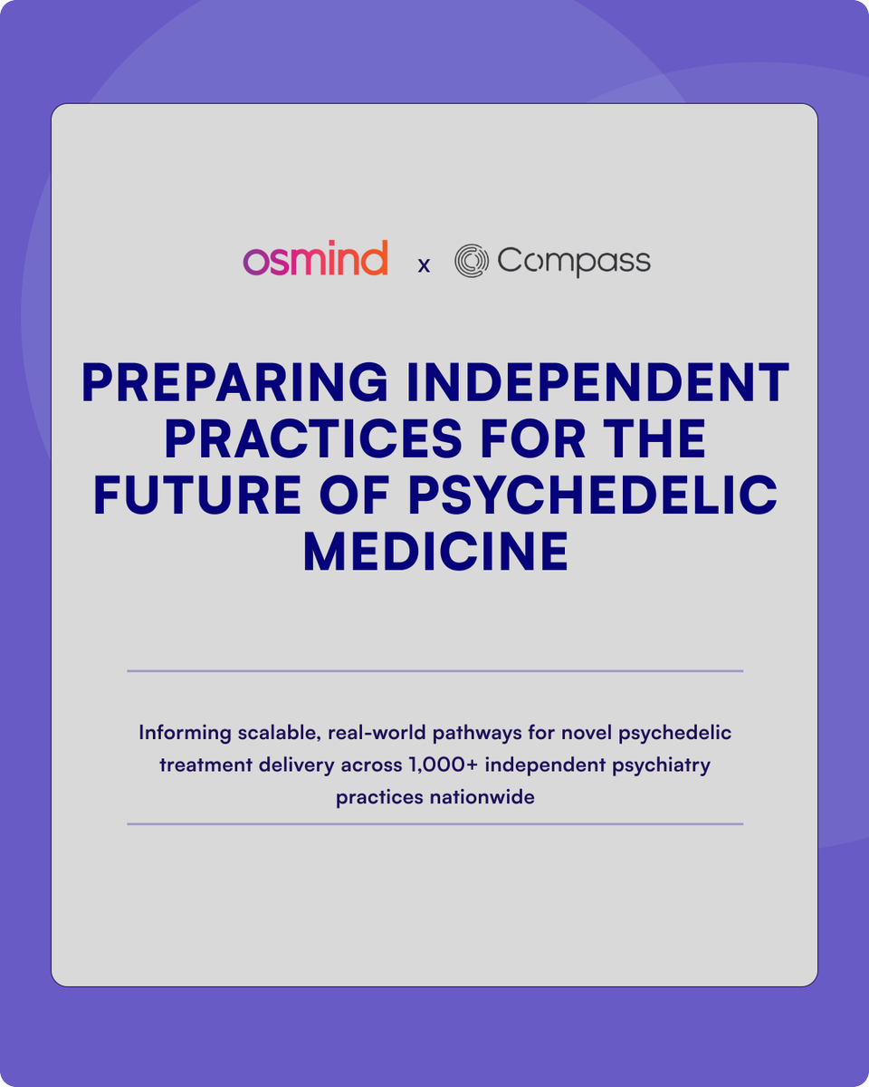 OsmindHQ's tweet photo. We're proud to collaborate with Compass Pathways to help independent psychiatry practices prepare for the potential future delivery of psychedelic medicine. 

Independent practices are where most patients receive their care, but they've historically been left behind when it comes to adopting novel treatments. 

This collaboration combines Osmind's deep understanding of how clinics operate with Compass's scientific expertise to inform scalable, real-world pathways for the potential delivery of novel psychedelic treatments in mental health care. 

Learn more in the full press release: