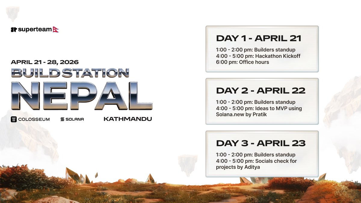 We are bringing together all the Nepali founders and builders building for <a href="/solana/">Solana</a> frontier hackathon.

One week of full blown IRL buildstation in Kathmandu from April 21 to 28.

Here’s what’s happening the first 3 days starting from today: