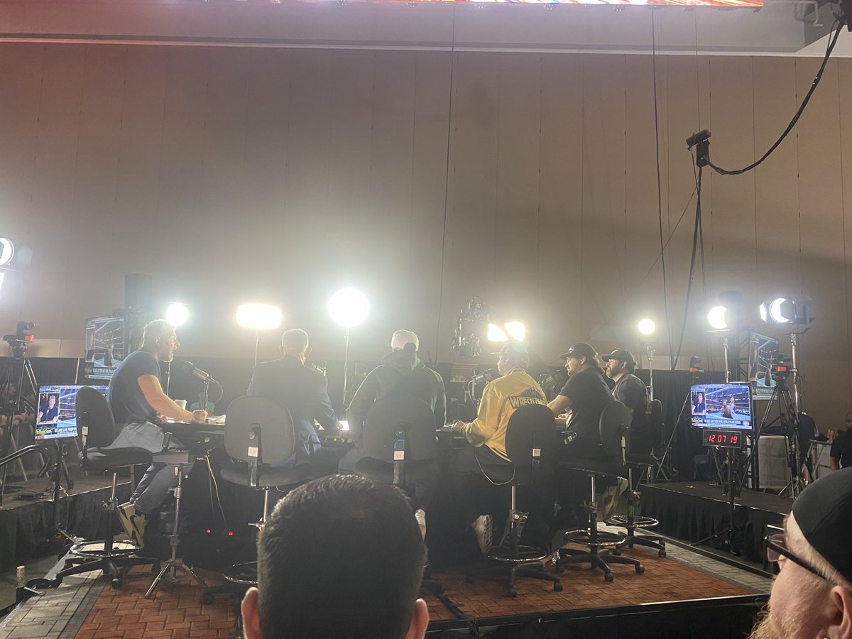 NickJohanson89's tweet photo. One year ago I went to WWE World for one reason and one reason only. Didn’t give a fuck about the IWC and their dumb mark fan fest. No no. It was to experience The Pat McAfee Show live. Didn’t ask for a pic. Pat insisted. Shaht aht to the boys for a hell of a show that day 🫡 https://t.co/Ajs6lHIz6q