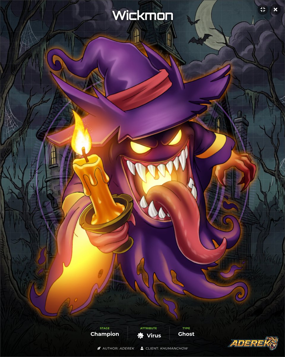 AderekArt's tweet photo. Emerging from the shadows and carrying the flame that guides (or consumes) the lost: Wickmon has arrived! 🕯️🟣

The Keeper of Lost Souls manifests to lead the spectral army. Beware lest you get lost in the glow of his candle... or in the reach of his tongue. 👅🔥 https://t.co/4qLjQJYgvX