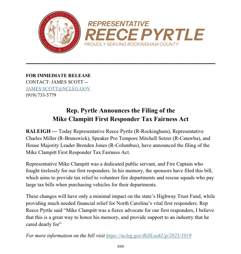 ReecePyrtleNC's tweet photo. Today, along with Reps. @BrendenJonesNC, @CharlieMillerNC, and Setzer we filed the Mike Clampitt First Responder Tax Fairness act which aims to give much needed tax relief to our volunteer fire departments and rescue squads

Read more below:

#ncpol #ncleg https://t.co/R7sgZmYfaC