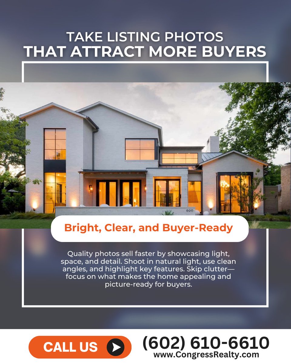 Congress_Realty's tweet photo. Buyers scroll fast用hotos matter. Pair strong visuals with flat fee MLS Arizona exposure to stand out where buyers search most. ?? Call (602) 610-6610. #FlatFeeMLSArizona #ListingTips #HomeSelling https://t.co/PhSctQWjjs