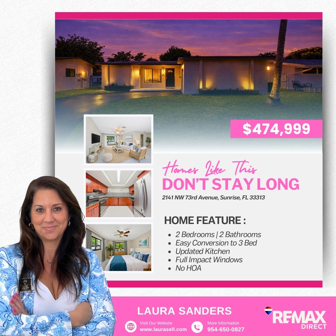 laurasellsflcom's tweet image. 🏡 MOVE-IN READY WITH NO HOA FREEDOM! ✨

📍 Address: 2141 NW 73rd Avenue, Sunrise, FL 33313
💲 Price: $474,999

📞 Call Laura Sanders at 954-650-0827 today for details or your private showing!

#SunriseFL #SunriseHomes #NoHOA #ImpactWindows #NewRoof #MoveInReady
