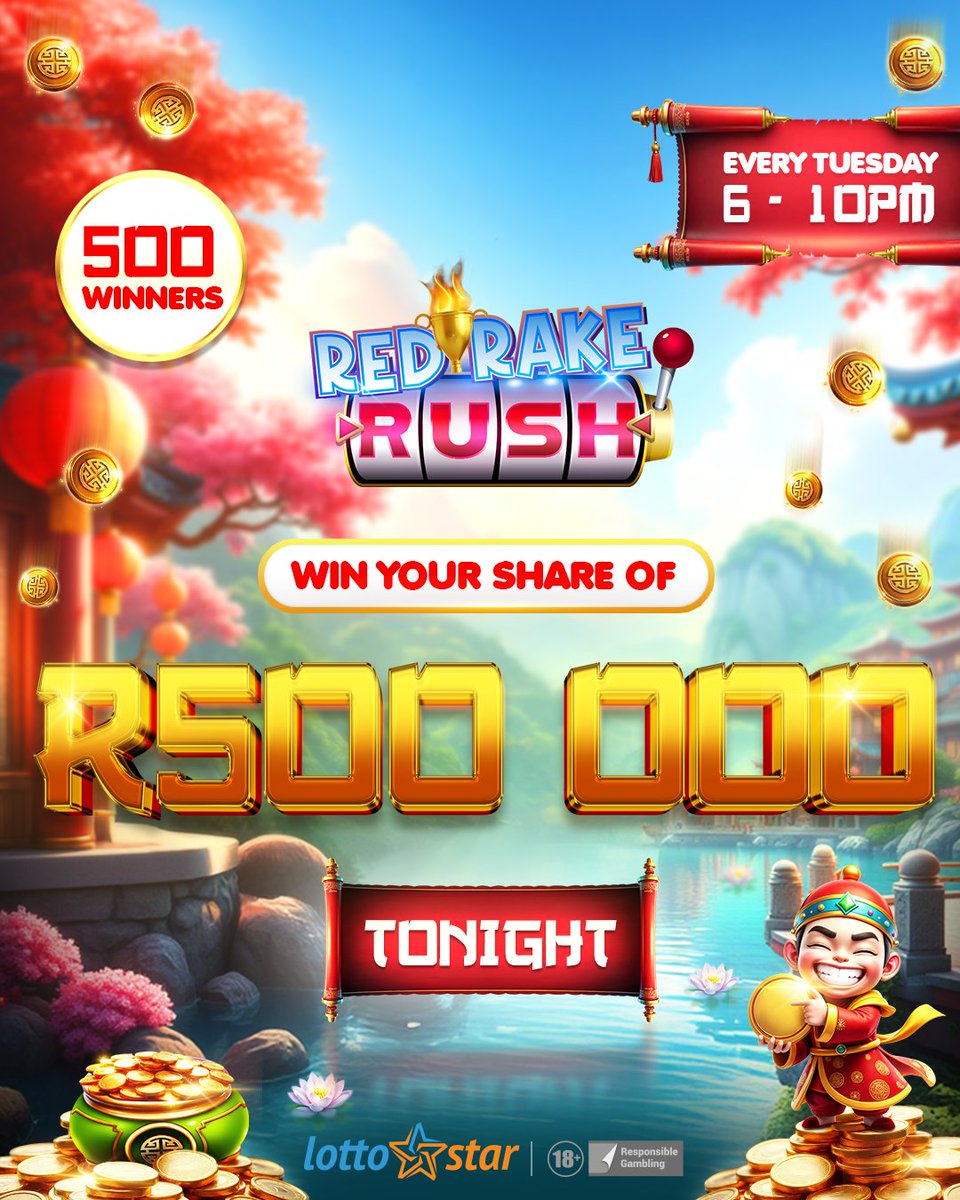 Lotto_Star's tweet image. Plot twist 🎬: Your Tuesday is about to get even better!
Our Red Rake Tournament drops at 6PM ⏰ – 4 hours of spinning slots.
500 winners and a share of R500,000.
No min bet 🚫 – just spinning vibes! 🎰
#LottoStar #RRRT #AprilFools #Tournament #Spintheslots