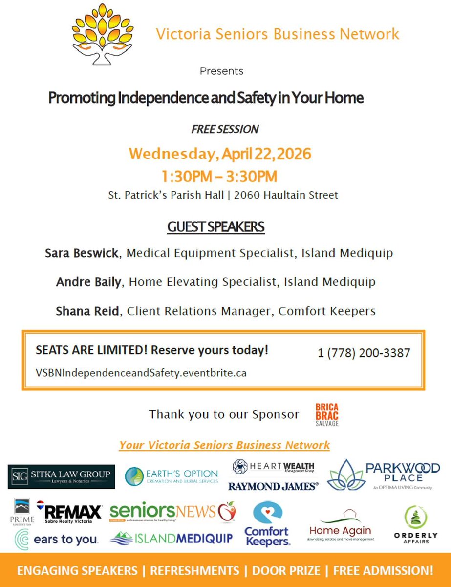 pamkatunar's tweet image. 🏡 FREE Seminar | April 22, 1:30–3:30 PM
Learn how home safety, medical equipment &amp;amp; care supports can help you stay independent at home.

📍 St. Patrick's Parish Hall, Victoria
📞 Seats limited: 250‑405‑2455

#HomeSafety #HealthyAging #VictoriaBC #SeniorSupport